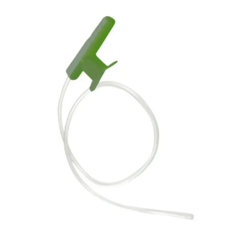 Sonda de aspiración con control de calibre CH16 en color verde y tubo translúcido enrollado sobre fondo blanco.
