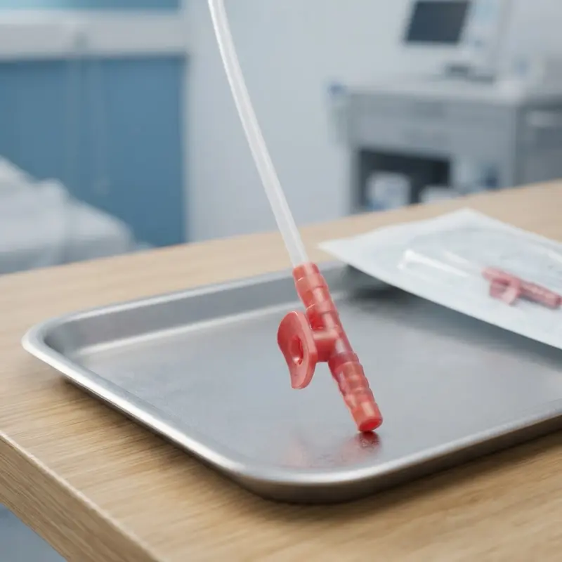Sonda de aspiración con control CH16 colocada sobre una bandeja clínica de acero inoxidable en consulta médica.