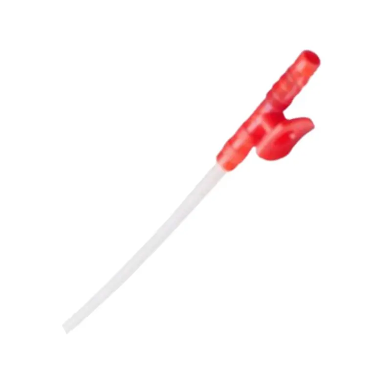 Sonda de aspiración con control de calibre CH16 en color rojo y tubo translúcido sobre fondo blanco.