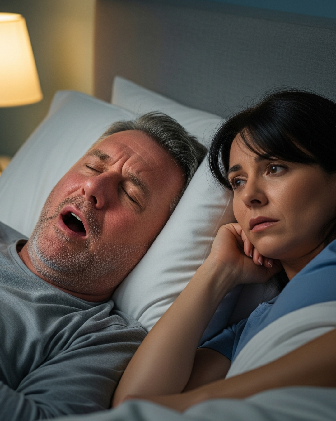 Hombre roncando fuertemente en la cama con su pareja despierta y preocupada por la apnea del sueño.