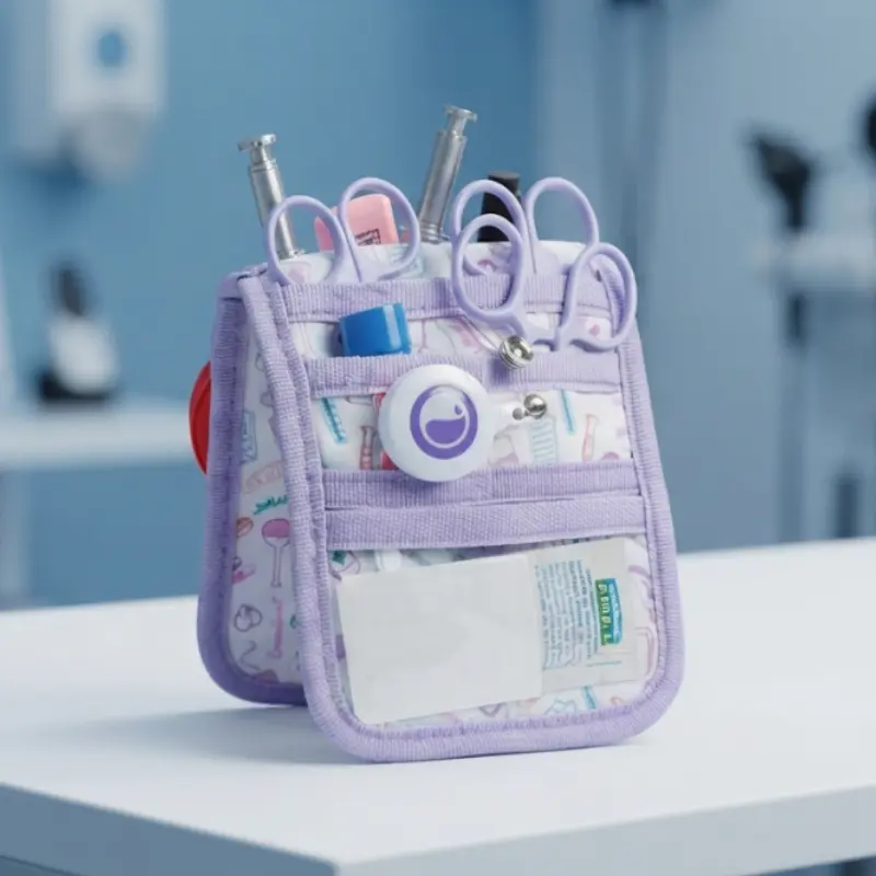 Organizador de bolsillo Care Collection en color lila apoyado sobre una mesa blanca con instrumental médico insertado.