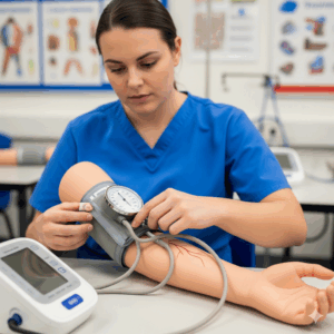 Estudiante de ciencias de la salud practicando con un tensiómetro de brazo en un modelo
