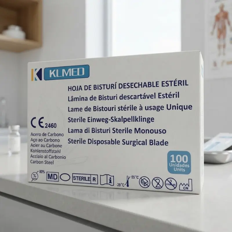 Caja de cartón de hojas de bisturí desechables KLMED sobre una encimera de consulta médica con estantería al fondo.