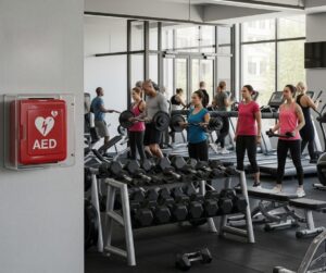 Un desfibrilador (DEA) rojo montado en una caja protectora transparente en la pared de un gimnasio moderno y bien iluminado. En el fondo, varias personas hacen ejercicio usando pesas, cintas de correr y otras máquinas.