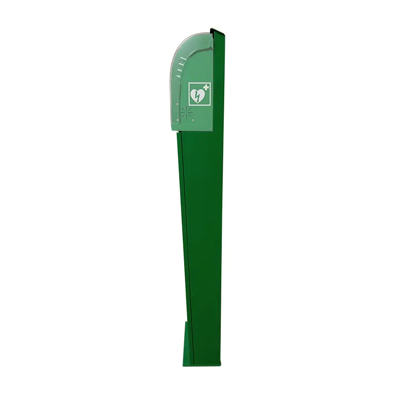 Vista de perfil de la columna tótem Bornavie verde para desfibriladores con vitrina AIVIA integrada.
