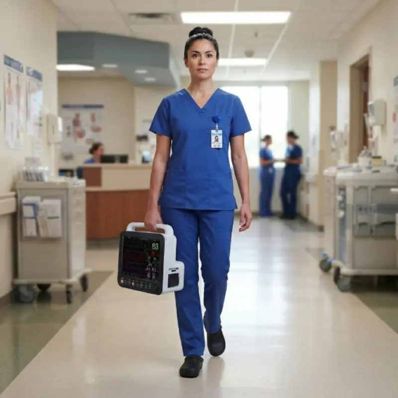 Personal sanitario con pijama azul camina por un pasillo de hospital transportando el monitor K12 por su asa.