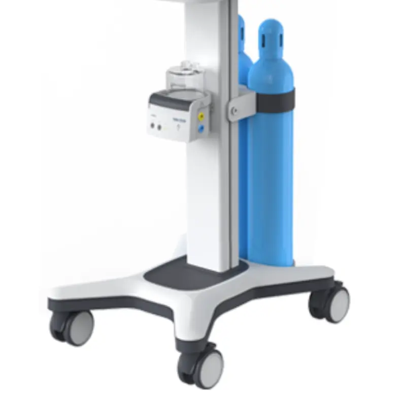 Base con ruedas, columna vertical y bombonas de oxígeno azules de un respirador ventilador para UCI T6.