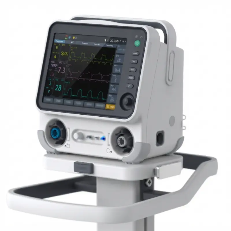 Respirador ventilador para UCI T6 con pantalla táctil multiparamétrica sobre soporte móvil con carro.