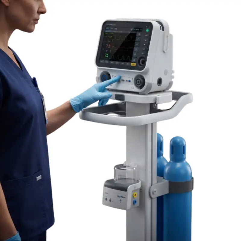 Personal sanitario con pijama azul ajusta los controles digitales en el ventilador mecánico de UCI T6.