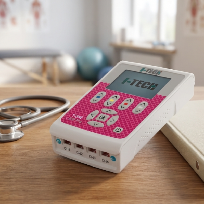 Electroestimulador portátil T-ONE MEDI PRO colocado sobre una mesa de madera junto a un estetoscopio y camilla al fondo.