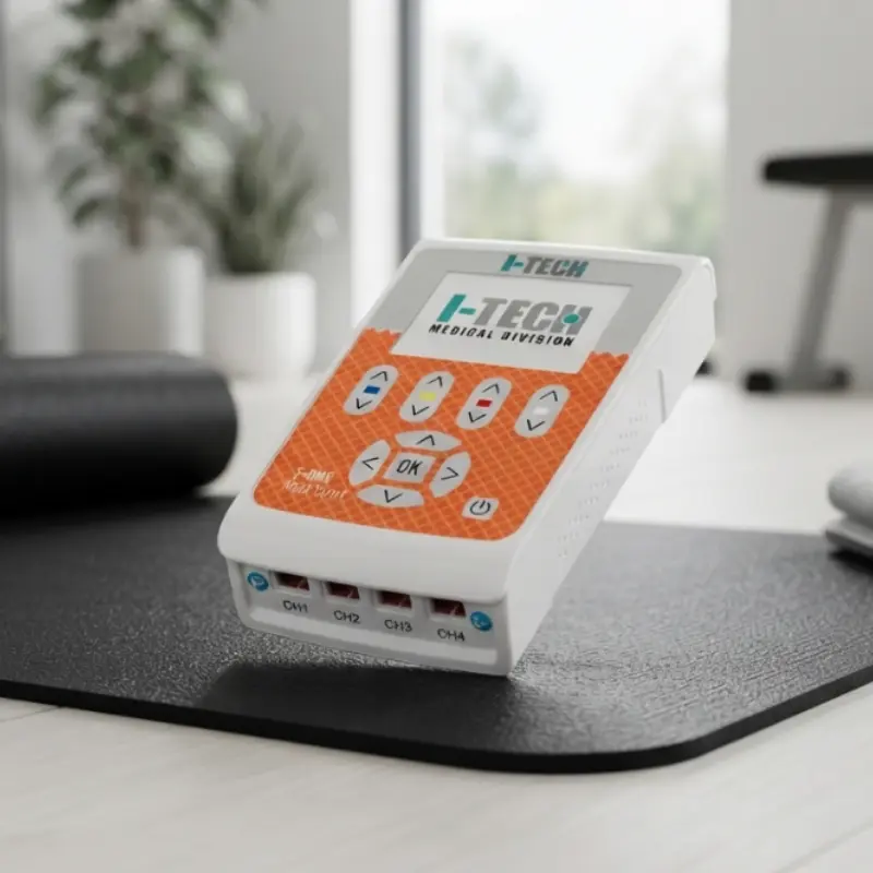 Electroestimulador portátil T-ONE MEDI SPORT naranja sobre una alfombrilla negra en una sala de rehabilitación.