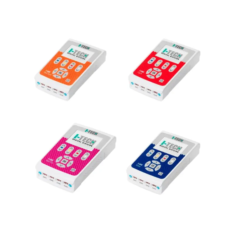 Cuatro dispositivos de electroestimulación T-ONE MEDI en colores naranja, rojo, fucsia y azul dispuestos sobre fondo blanco.