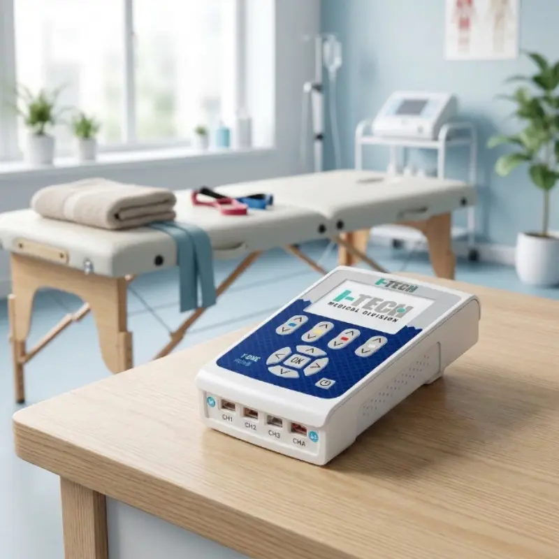 Electroestimulador portátil T-ONE REHAB colocado sobre una mesa de madera en una consulta de fisioterapia con camilla al fondo.