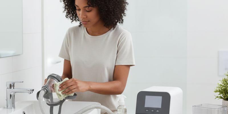 Mujer limpiando cuidadosamente el tubo y la mascarilla nasal de su equipo CPAP en un lavabo de cocina o baño con luz natural