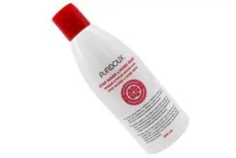 Botella blanca de jabón Purdoux de 250 ml con tapón rojo para la limpieza de mascarillas CPAP.