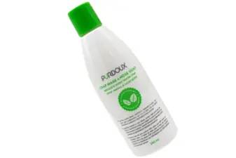 Botella blanca de jabón Purdoux de 250 ml con tapón verde para la limpieza y mantenimiento de mascarillas CPAP.