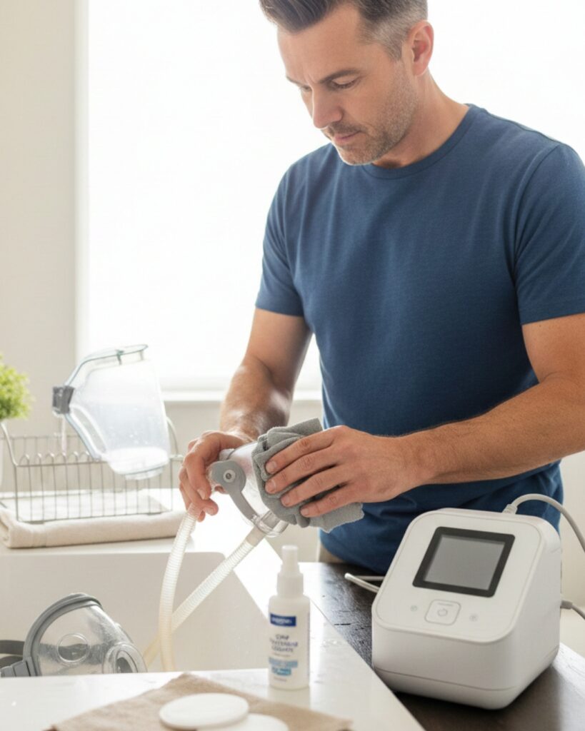 Hombre limpiando la manguera y mascarilla de su máquina CPAP en un lavabo, con el humidificador secándose y productos de limpieza a mano