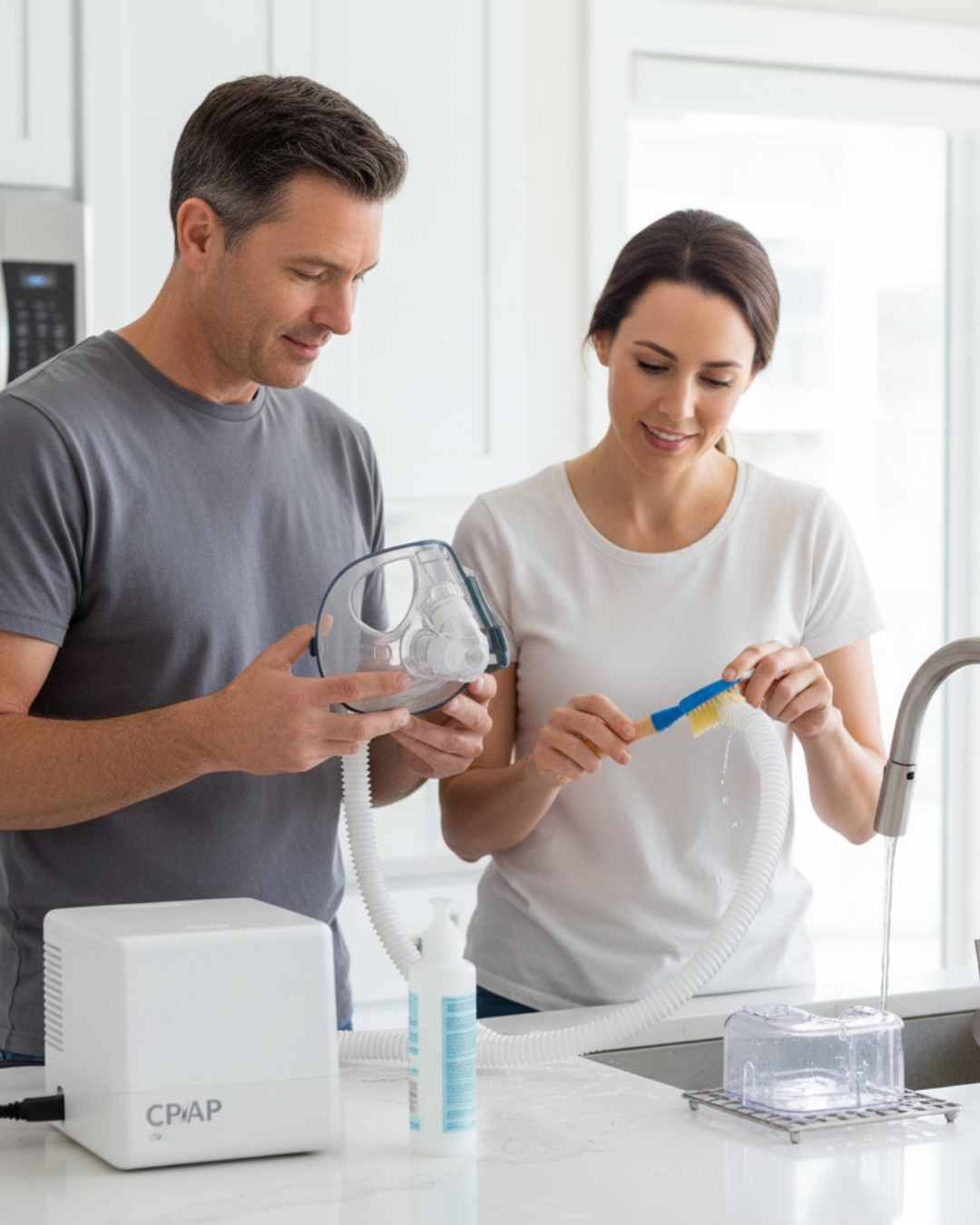 Pareja colaborando en la limpieza de la mascarilla y el tubo de la máquina CPAP en la cocina o el baño, mostrando un esfuerzo conjunto de mantenimiento.