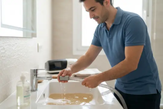 Hombre limpiando con jabón y agua el tubo y la manguera desconectada de una máquina CPAP en el lavabo del baño.