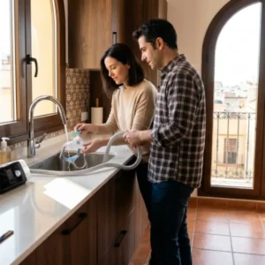 Pareja lavando la mascarilla y el tubo de una máquina CPAP en el fregadero de una cocina luminosa.
