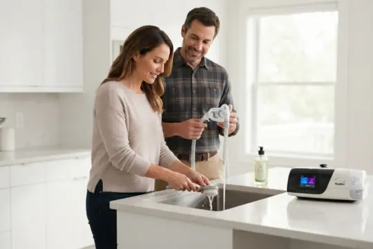 Pareja sonriente lavando los componentes y la manguera de una máquina CPAP en la isla de una cocina moderna.