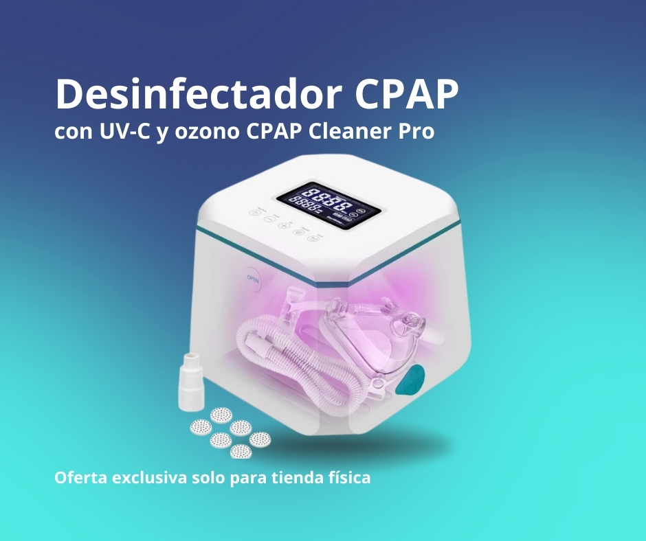 Desinfectador de CPAP Cleaner Pro con tecnología UV-C y ozono que muestra una máscara y tubo de CPAP en su interior con luz ultravioleta.
