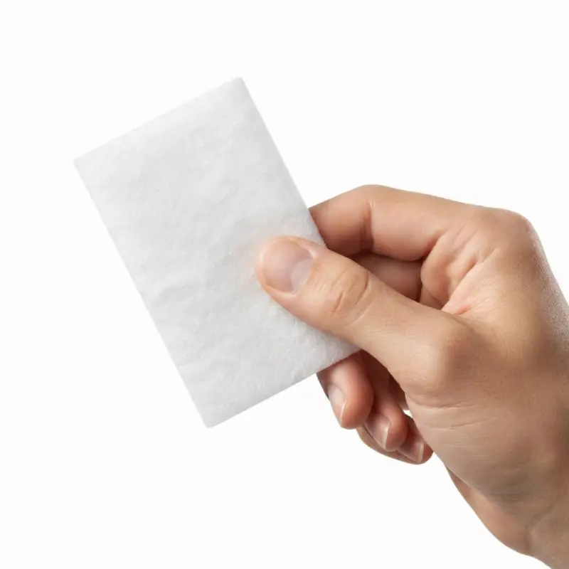 Mano sosteniendo un filtro antipartículas blanco y rectangular para equipos de terapia respiratoria ResMed sobre fondo blanco.