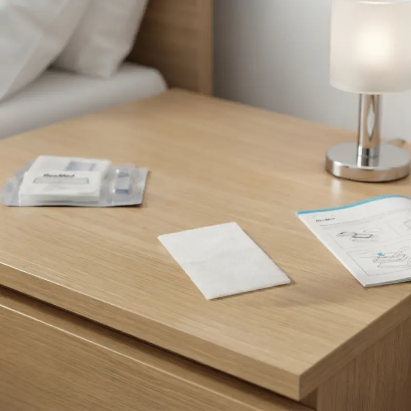 Filtro antipartículas ResMed junto a su blister y manual sobre una mesa de madera en el dormitorio.
