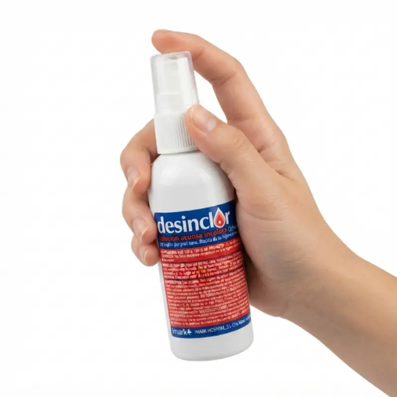 Mano presionando el pulsador de un frasco spray de Desinclor clorhexidina acuosa al 2% de 50 ml sobre fondo blanco.