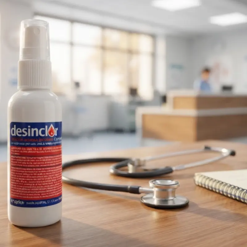 Frasco de spray Desinclor clorhexidina acuosa al 2% sobre una mesa de madera en una consulta médica con estetoscopio.