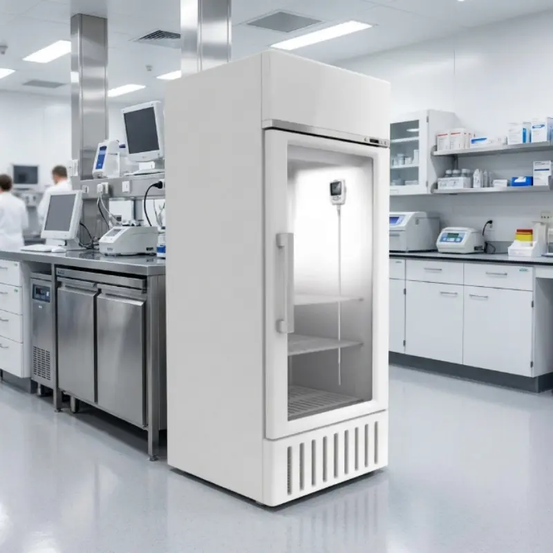 Registrador de temperatura CTS2P colocado dentro de un refrigerador médico en un laboratorio clínico equipado.
