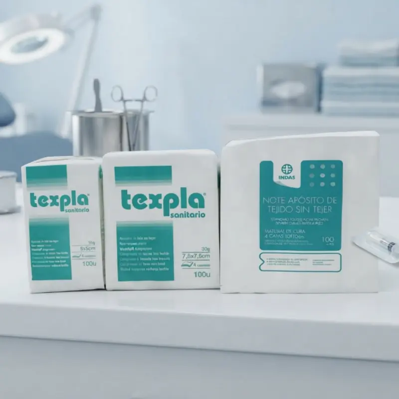 Tres paquetes de apósitos y gasas de tejido sin tejer de distintas medidas dispuestos sobre una mesa en una consulta médica.