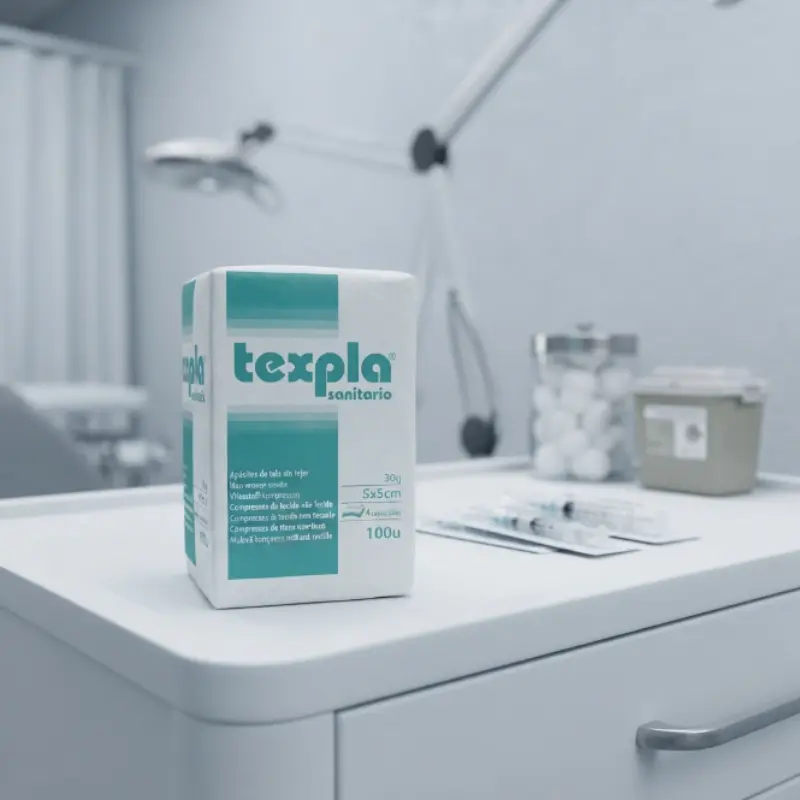 Paquete de apósitos de tejido sin tejer de 5x5 cm sobre una mesa en una consulta médica con material clínico al fondo.