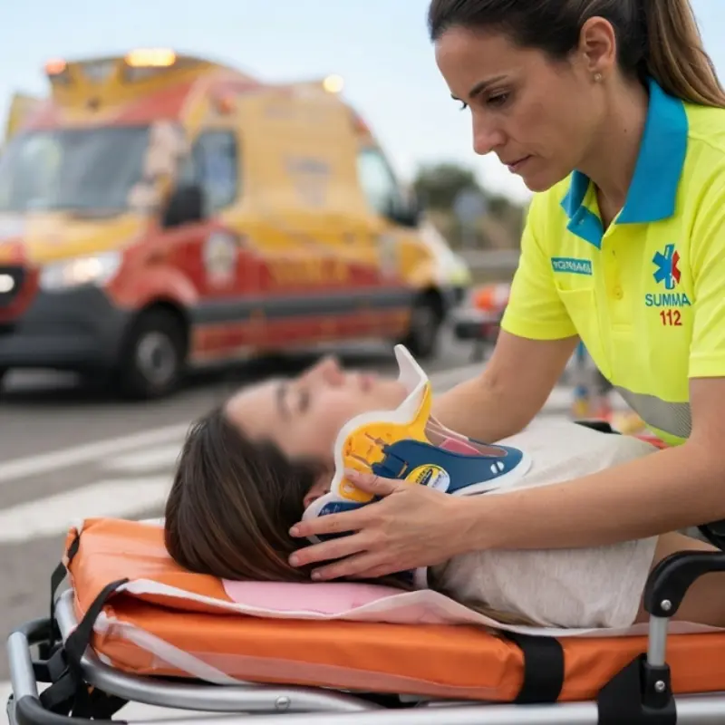 Personal sanitario ajustando un collarín cervical rígido Stifneck a una paciente en camilla junto a una ambulancia.