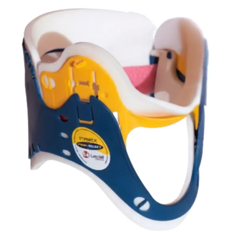 Collarín cervical rígido y ajustable de la marca Stifneck en colores azul, blanco y amarillo sobre fondo blanco.