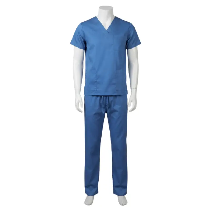 Maniquí de medio cuerpo con un conjunto sanitario unisex en color azul y talla XS compuesto de casaca y pantalón.