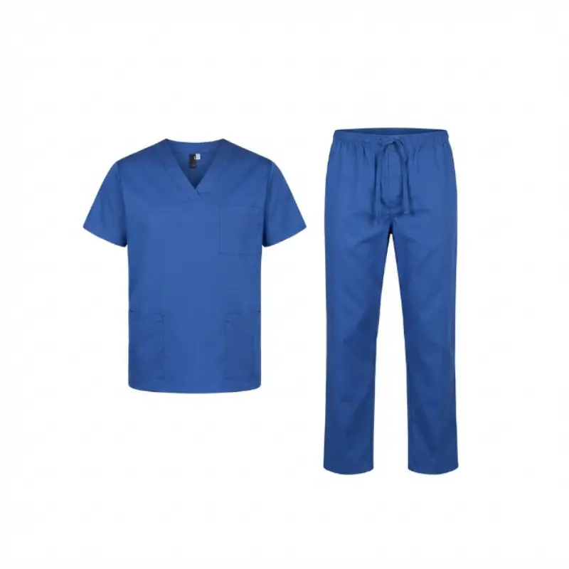 Conjunto sanitario unisex en color azul y talla XXL compuesto de casaca de manga corta y pantalón.