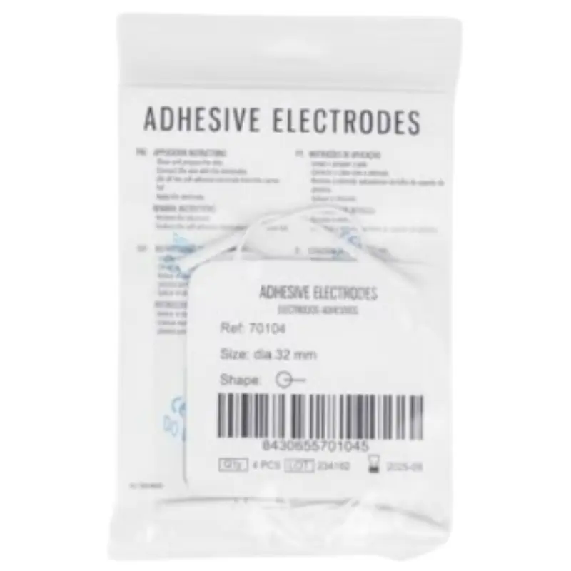 Bolsa de plástico transparente con la etiqueta de los electrodos adhesivos TENS de 32 mm y especificaciones técnicas.
