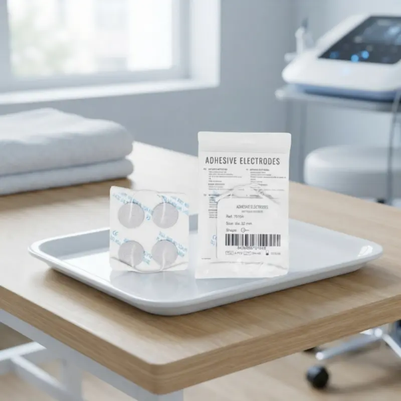 Bolsa resellable y blíster de electrodos adhesivos TENS de 32 mm sobre una bandeja en una consulta de fisioterapia.