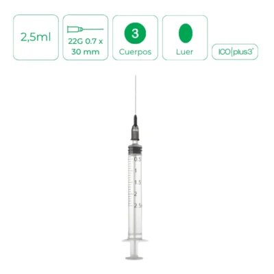 Jeringa 3 piezas con aguja ICOplus3 2,5 ml 22G 0.7 x 30 mm 100Uds
