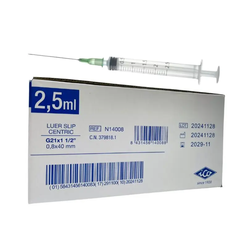 Caja de cartón blanca y azul de jeringas ICOplus3 de 2,5 ml con jeringa montada encima.