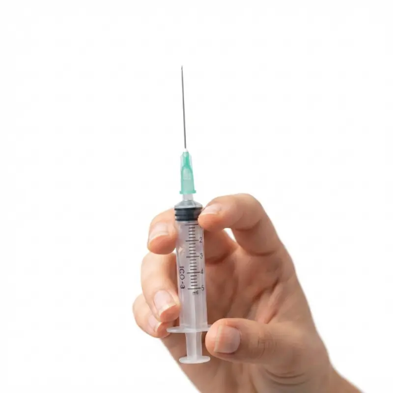 Mano de un sanitario sosteniendo una jeringa de 3 piezas de 5 ml con aguja verde en posición vertical sobre fondo blanco.