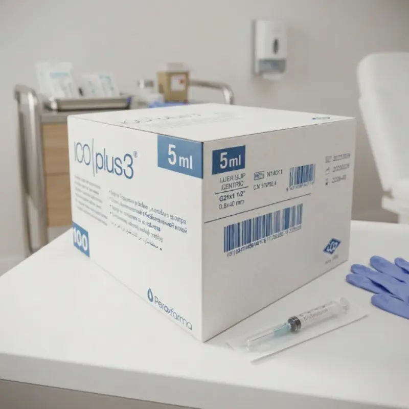 Caja de jeringas de 3 piezas ICOplus3 sobre una mesa blanca en una consulta junto a una jeringa envasada y guantes azules.