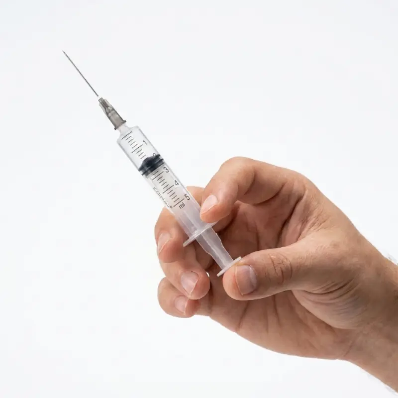 Mano enguantada sosteniendo una jeringa ICOplus3 de 5 ml preparada para la administración clínica en consulta.