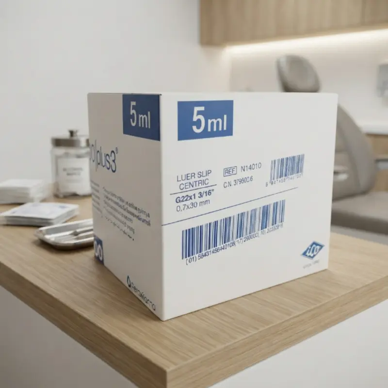 Caja de jeringas ICOplus3 de 5 ml colocada sobre una superficie de madera en una consulta con material clínico al fondo.