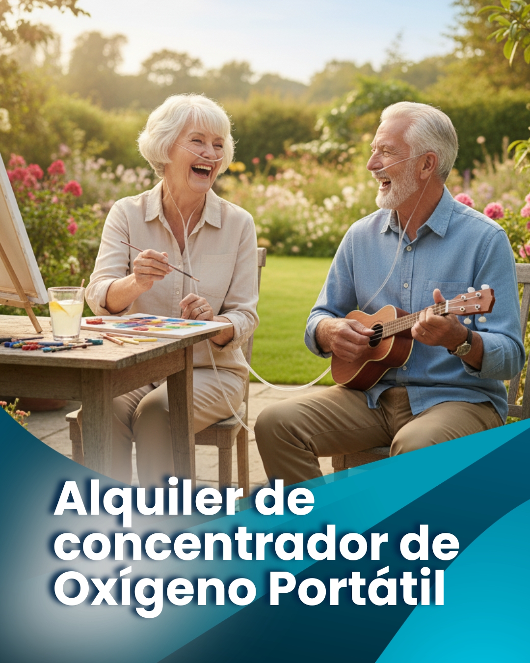 Pareja de adultos mayores sonriendo en un jardín mientras usan concentradores de oxígeno portátiles para realizar actividades recreativas.