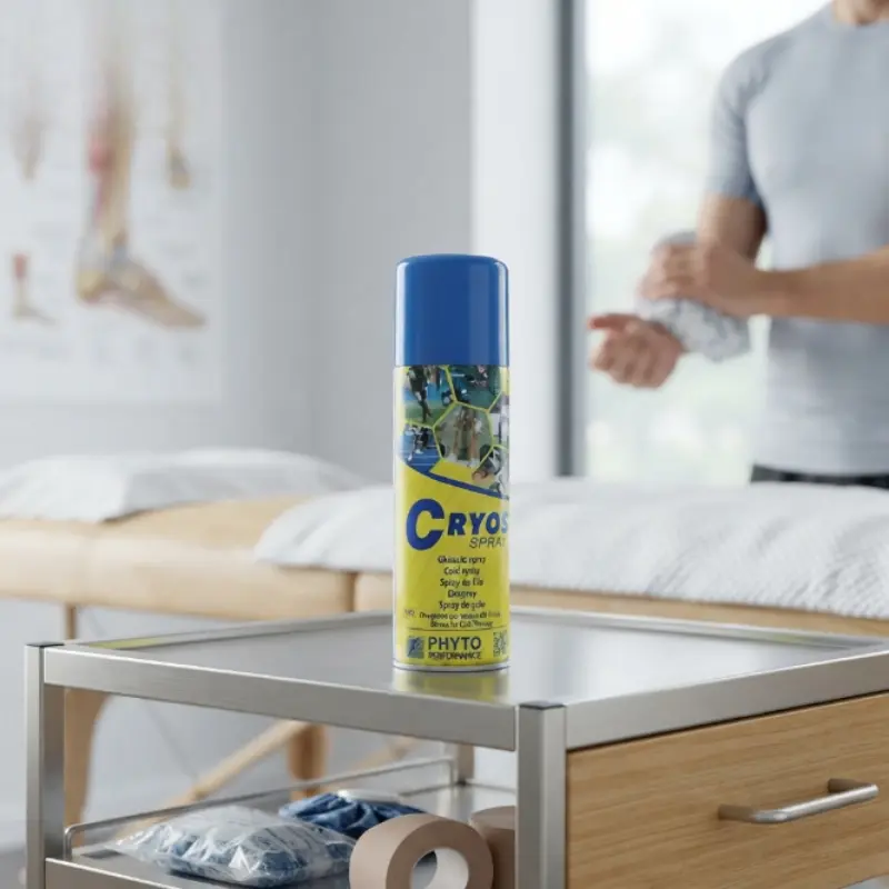 Bote amarillo de spray de frío Cryos sobre una mesa auxiliar en consulta médica con camilla y material clínico.