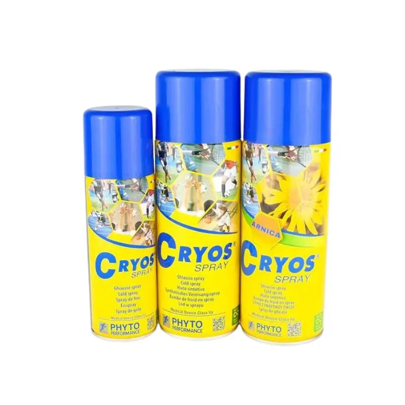 Tres envases de spray de frío Cryos Árnica de color amarillo y azul en diferentes tamaños con gráficos deportivos.