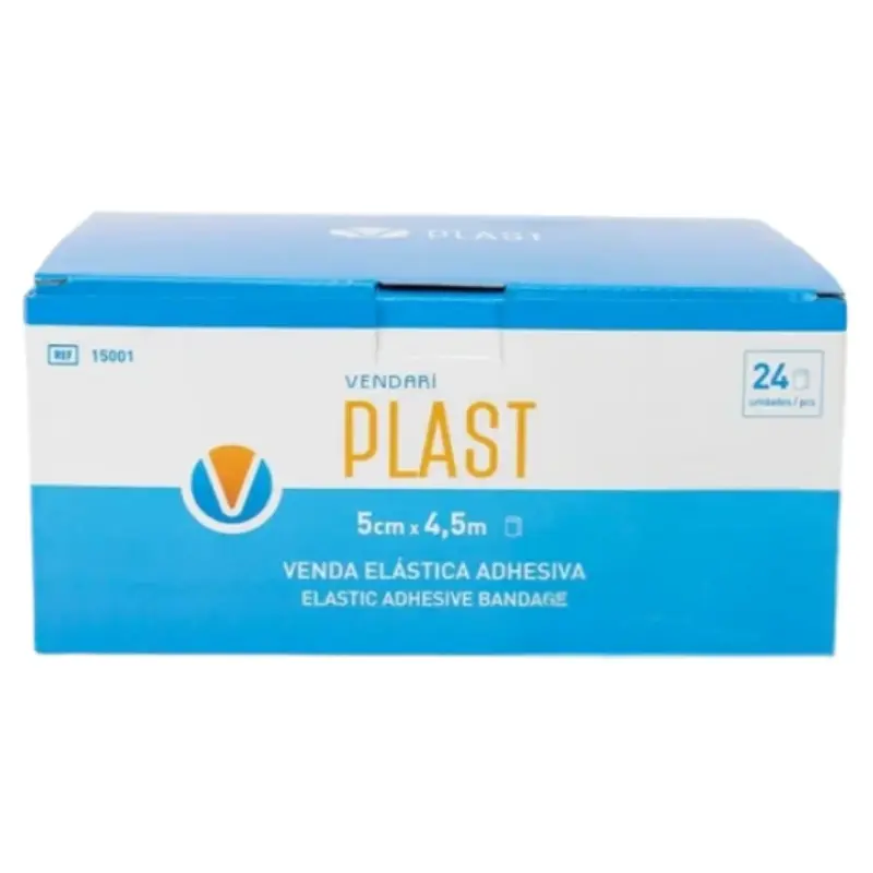 Caja dispensadora azul y blanca de la venda elástica adhesiva Vendari PLAST de 5 cm por 4,5 m en formato de 24 unidades.