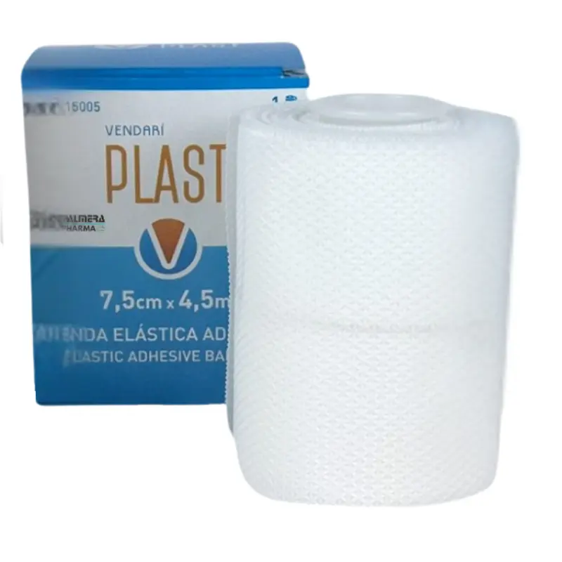 Caja unitaria azul y blanca junto a un rollo de venda elástica adhesiva Vendari PLAST de 7,5 cm por 4,5 m.